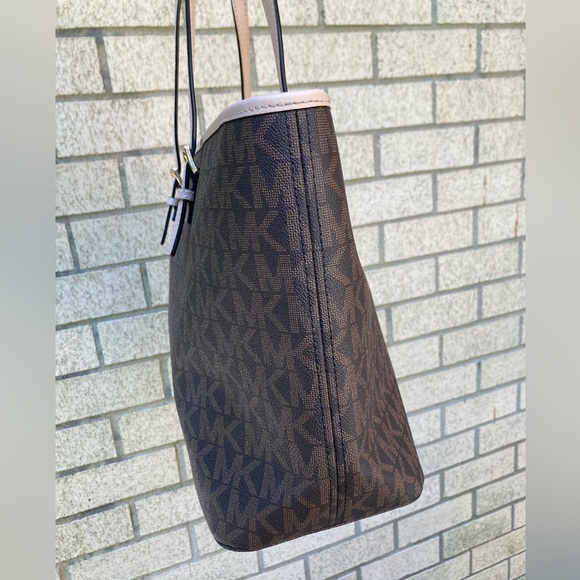 Michael Kors Jet Set Charm Zipper Closure Tote Bag Brown Purse Cream Leather - Picture 15 of 17